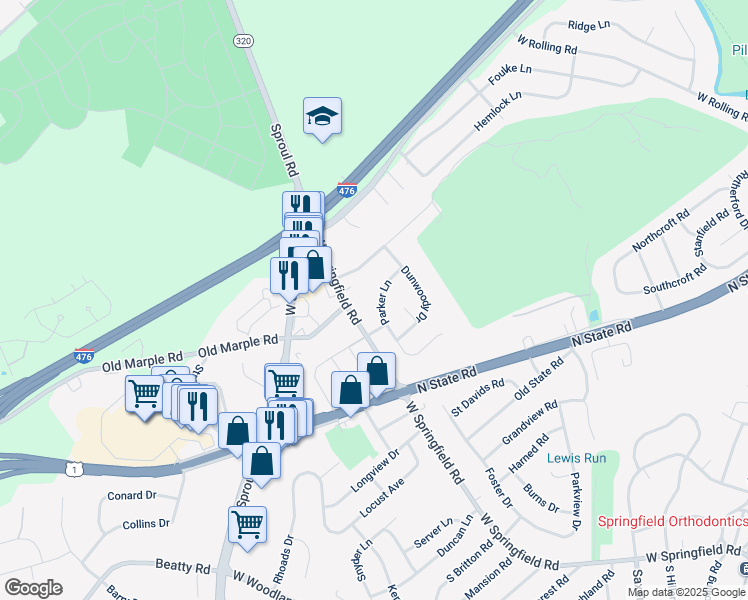 map of restaurants, bars, coffee shops, grocery stores, and more near 776 Parker Lane in Springfield