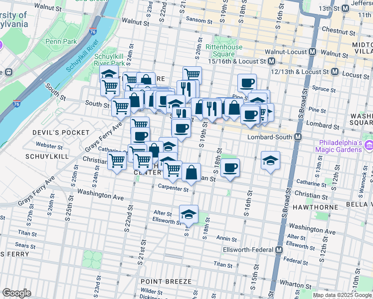 map of restaurants, bars, coffee shops, grocery stores, and more near 742 South Harshaw Street in Philadelphia