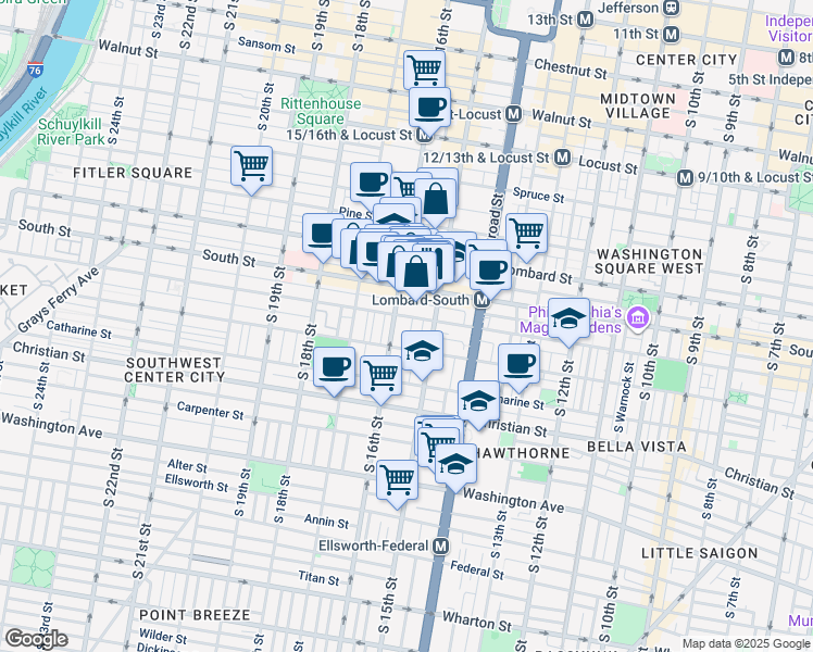 map of restaurants, bars, coffee shops, grocery stores, and more near 708 South Mole Street in Philadelphia