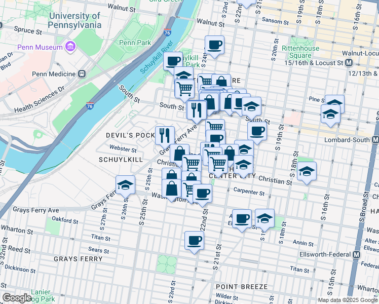 map of restaurants, bars, coffee shops, grocery stores, and more near 2313 Catharine Street in Philadelphia