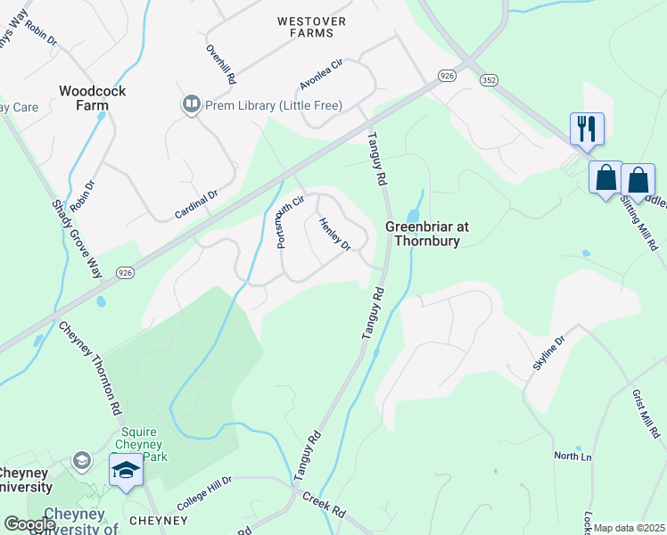 map of restaurants, bars, coffee shops, grocery stores, and more near 158 Portsmouth Circle in Glen Mills