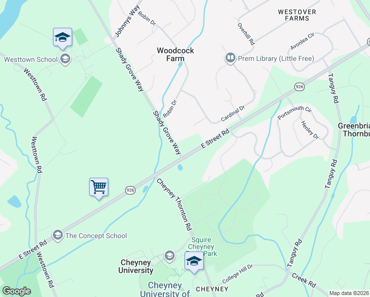 map of restaurants, bars, coffee shops, grocery stores, and more near 1115 Shady Grove Way in West Chester