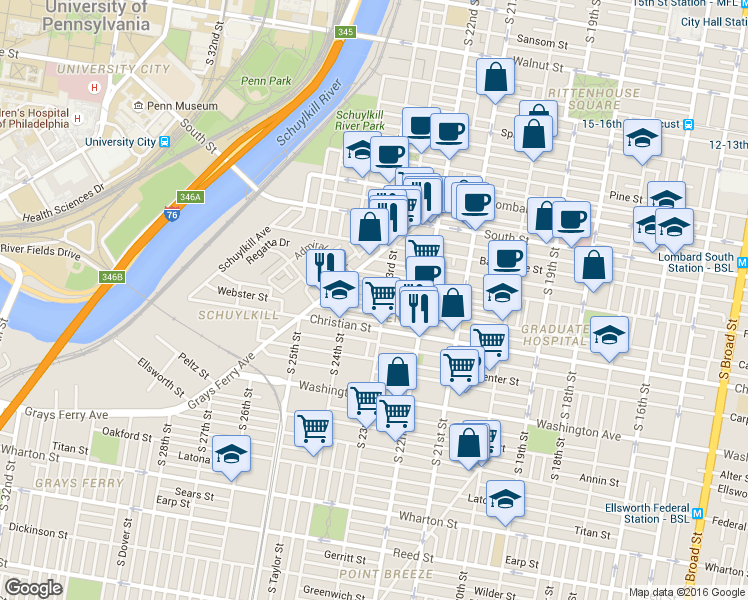 map of restaurants, bars, coffee shops, grocery stores, and more near 2313 Catharine Street in Philadelphia