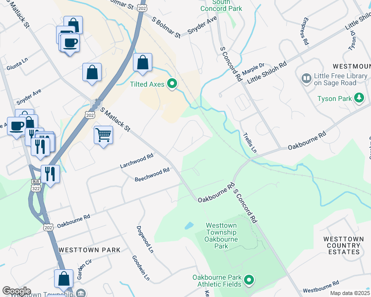 map of restaurants, bars, coffee shops, grocery stores, and more near 1571 South Coventry Lane in West Chester