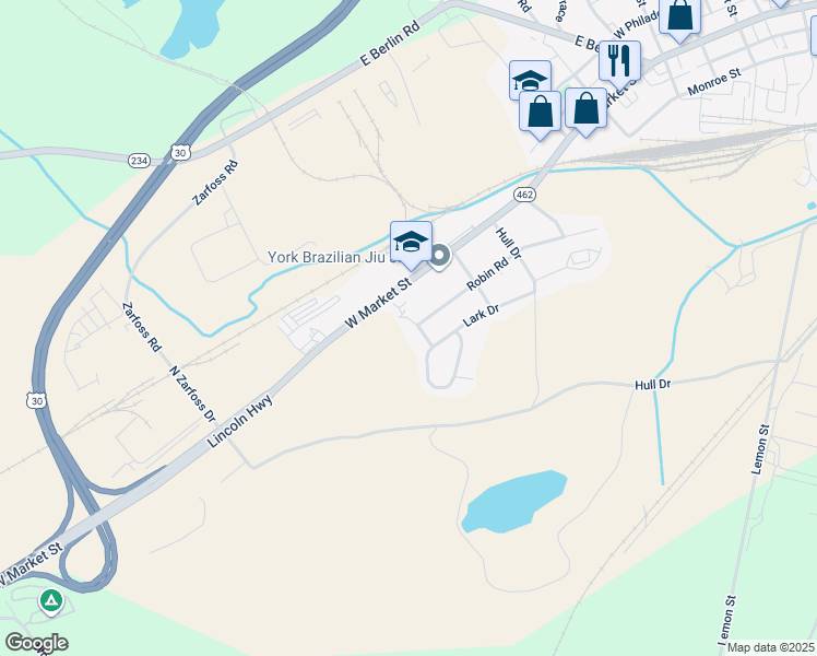 map of restaurants, bars, coffee shops, grocery stores, and more near 90 Finch Drive in York