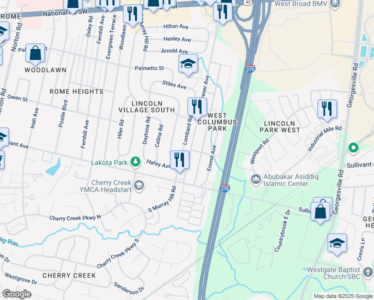 map of restaurants, bars, coffee shops, grocery stores, and more near 455 Lombard Road in Columbus