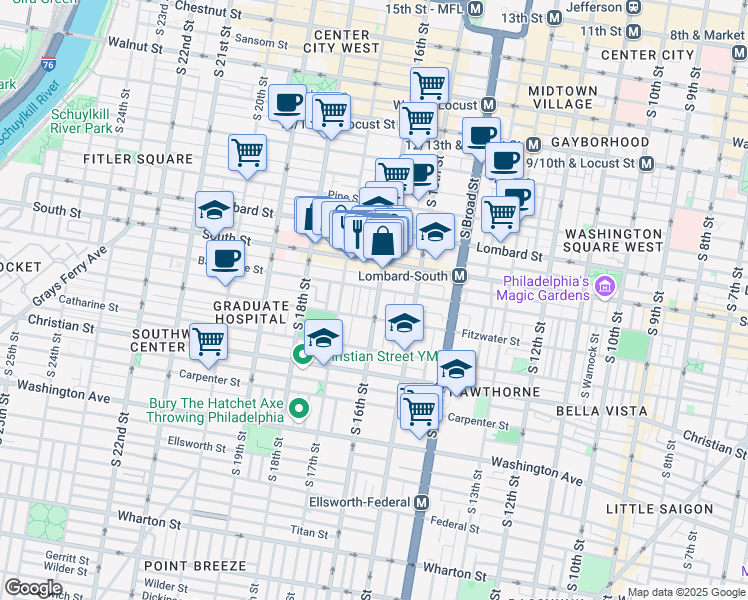 map of restaurants, bars, coffee shops, grocery stores, and more near 712 South 16th Street in Philadelphia