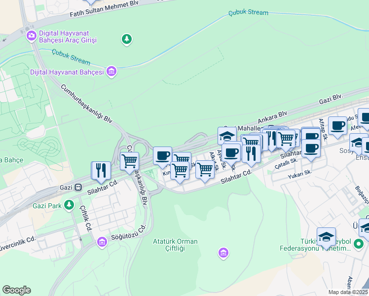 map of restaurants, bars, coffee shops, grocery stores, and more near Ankara Bulvarı in Yenimahalle