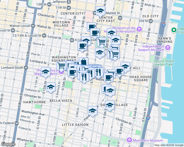 map of restaurants, bars, coffee shops, grocery stores, and more near 512 South 7th Street in Philadelphia