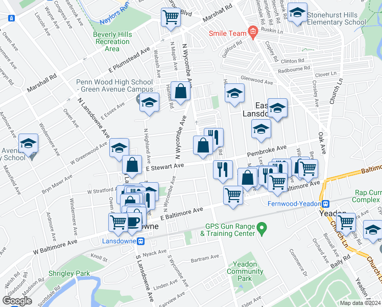 map of restaurants, bars, coffee shops, grocery stores, and more near 110 McKinley Avenue in Lansdowne