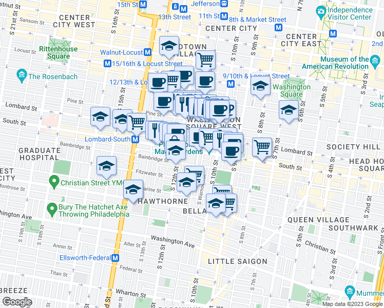 map of restaurants, bars, coffee shops, grocery stores, and more near 1114 South Street in Philadelphia