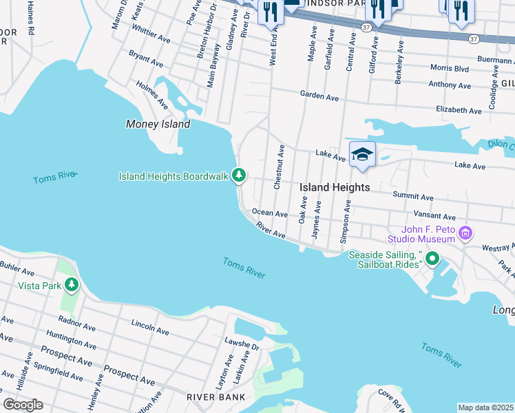 map of restaurants, bars, coffee shops, grocery stores, and more near 110 West End Avenue in Island Heights