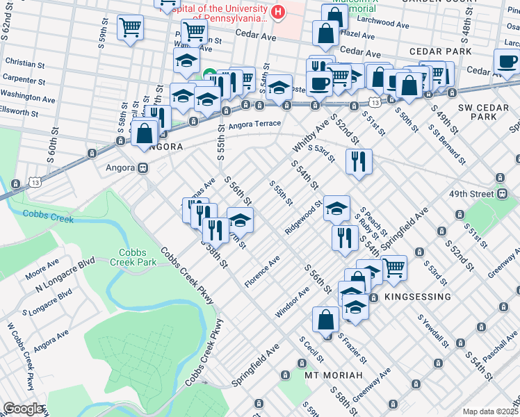 map of restaurants, bars, coffee shops, grocery stores, and more near 1229 South 56th Street in Philadelphia