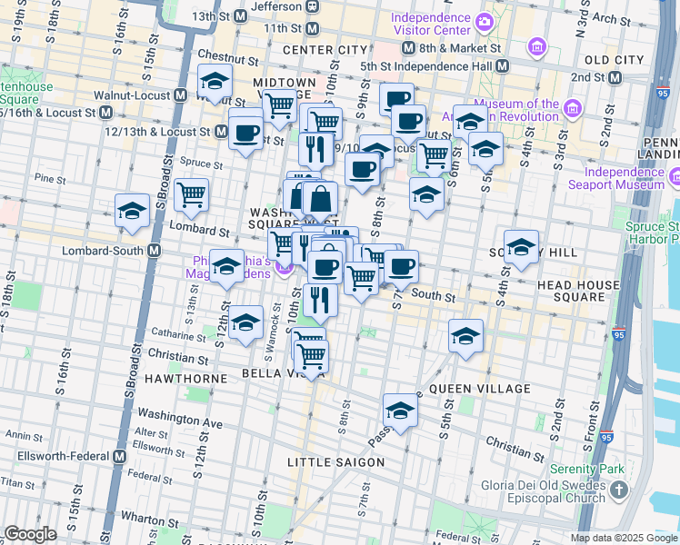 map of restaurants, bars, coffee shops, grocery stores, and more near 521 South 9th Street in Philadelphia