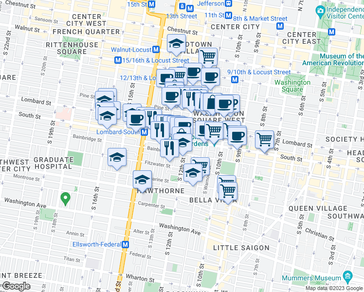 map of restaurants, bars, coffee shops, grocery stores, and more near 1205 Kater Street in Philadelphia