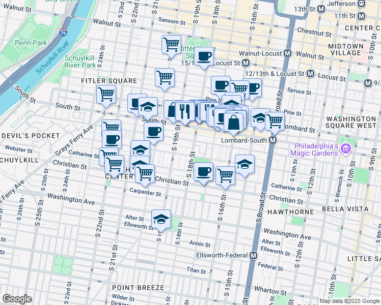 map of restaurants, bars, coffee shops, grocery stores, and more near 603 North American Street in Philadelphia