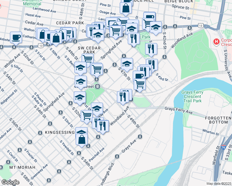 map of restaurants, bars, coffee shops, grocery stores, and more near 1235 Hanson Street in Philadelphia