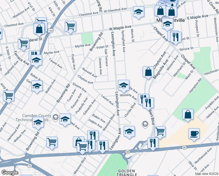map of restaurants, bars, coffee shops, grocery stores, and more near 4903 Lexington Avenue in Pennsauken Township