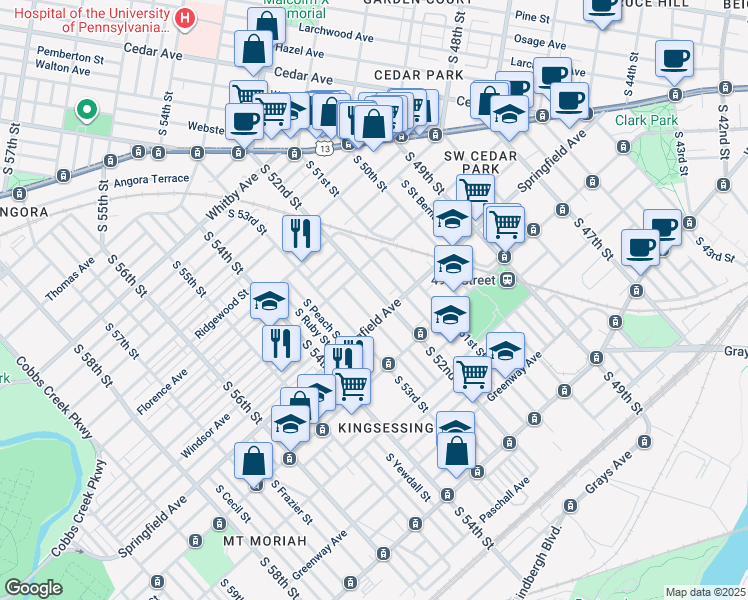 map of restaurants, bars, coffee shops, grocery stores, and more near 1140 South 52nd Street in Philadelphia