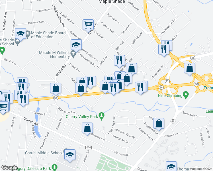 map of restaurants, bars, coffee shops, grocery stores, and more near 33 East Rudderow Avenue in Maple Shade Township