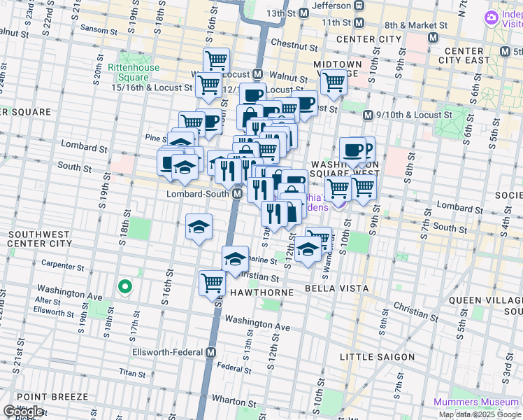 map of restaurants, bars, coffee shops, grocery stores, and more near 619 South Clarion Street in Philadelphia