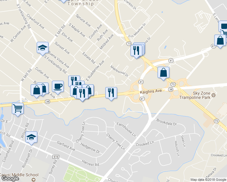 map of restaurants, bars, coffee shops, grocery stores, and more near 17 Maplewood Drive in Maple Shade Township