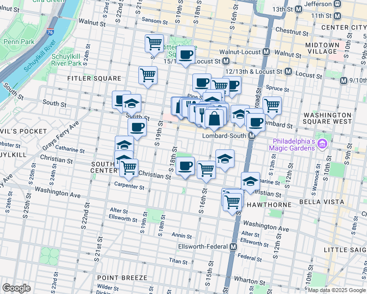 map of restaurants, bars, coffee shops, grocery stores, and more near 714 South Colorado Street in Philadelphia