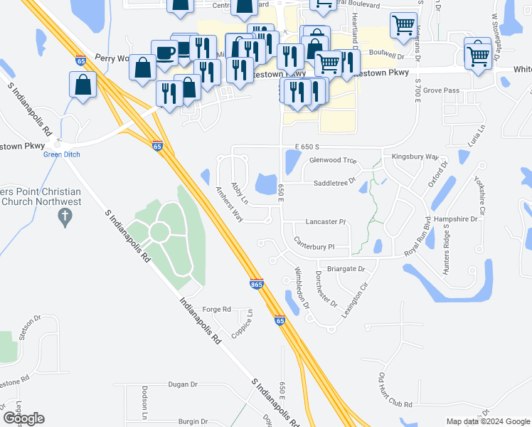 map of restaurants, bars, coffee shops, grocery stores, and more near 6693 Amherst Way in Zionsville
