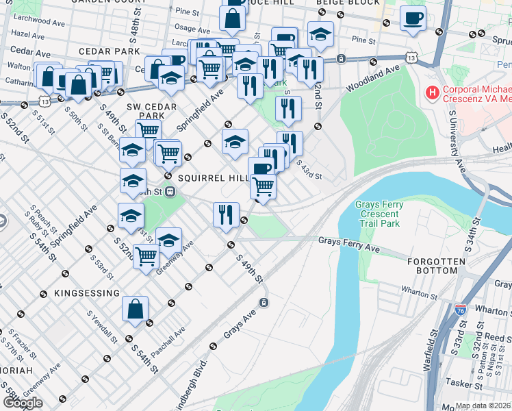 map of restaurants, bars, coffee shops, grocery stores, and more near 4712 Woodland Avenue in Philadelphia