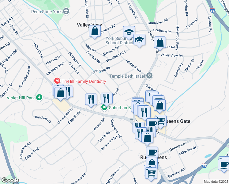 map of restaurants, bars, coffee shops, grocery stores, and more near 1847 Chesley Road in York