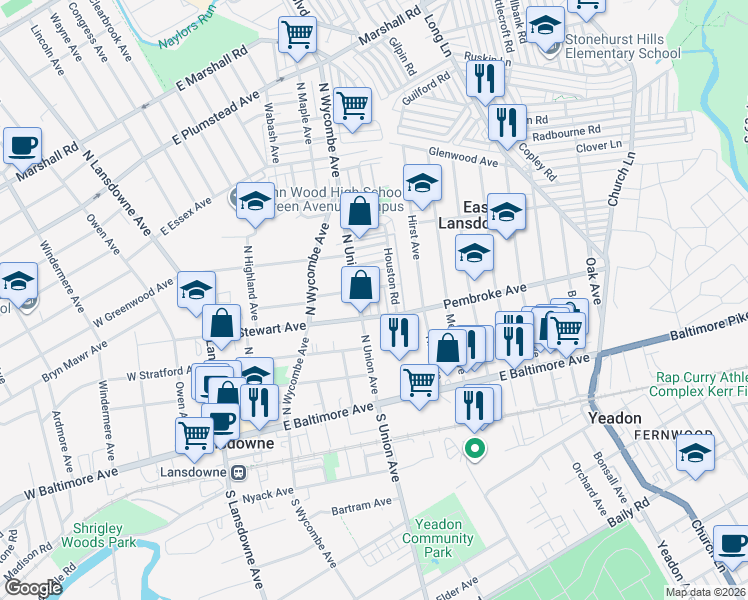 map of restaurants, bars, coffee shops, grocery stores, and more near 26 Lamport Road in Delaware County