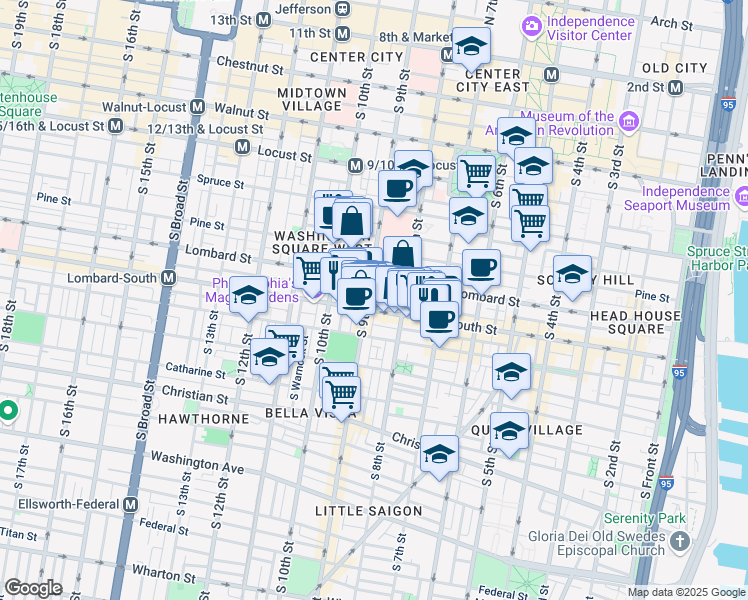 map of restaurants, bars, coffee shops, grocery stores, and more near 519 South 9th Street in Philadelphia