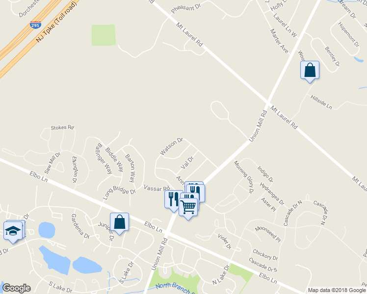 map of restaurants, bars, coffee shops, grocery stores, and more near 6 Nottingham Way in Mount Laurel