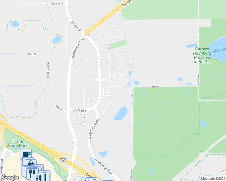 map of restaurants, bars, coffee shops, grocery stores, and more near 13630 Via Varra in Broomfield