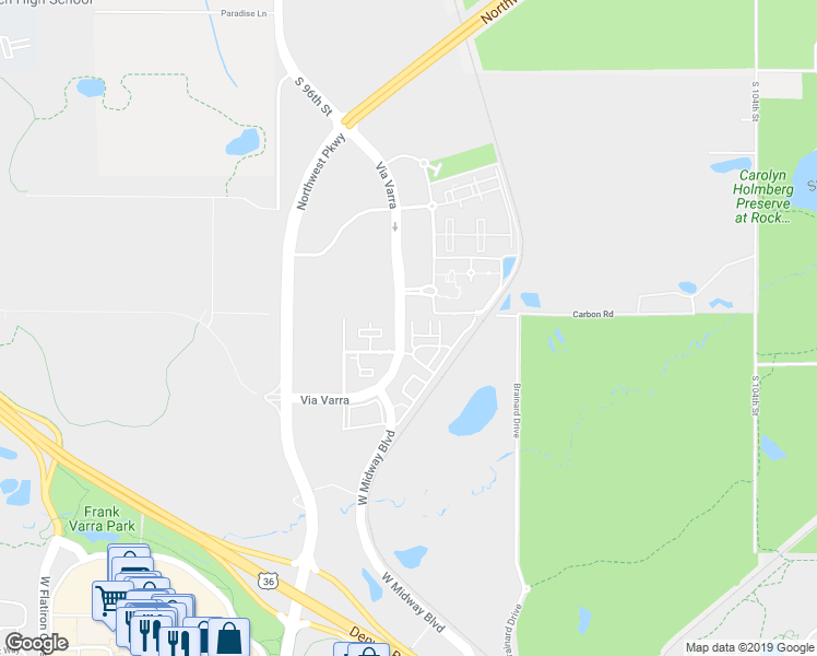map of restaurants, bars, coffee shops, grocery stores, and more near 13600 Via Varra in Broomfield