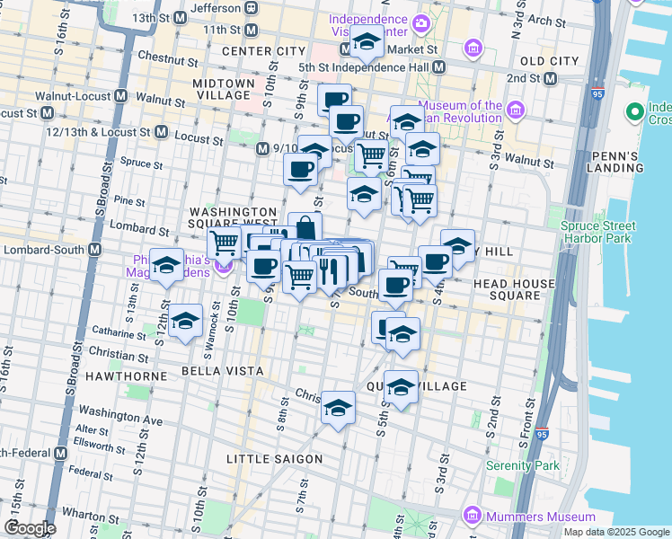 map of restaurants, bars, coffee shops, grocery stores, and more near 725 Lombard Street in Philadelphia