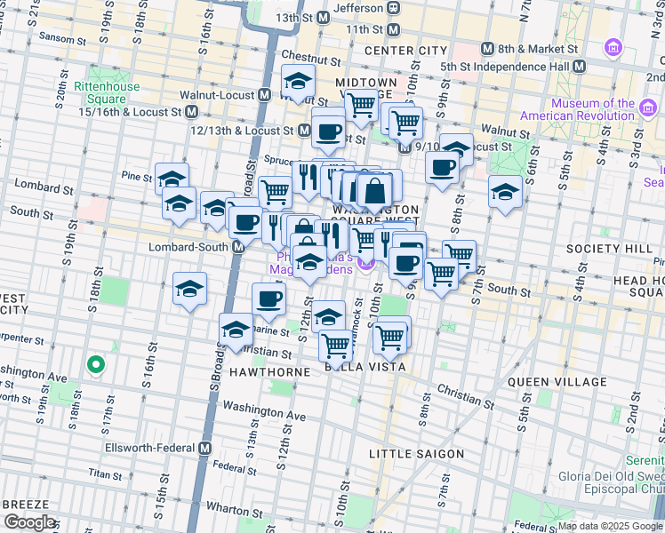 map of restaurants, bars, coffee shops, grocery stores, and more near 1106 Rodman Street in Philadelphia