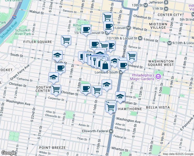 map of restaurants, bars, coffee shops, grocery stores, and more near in Philadelphia