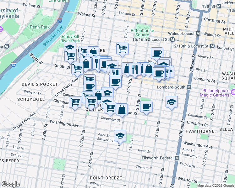 map of restaurants, bars, coffee shops, grocery stores, and more near 2004 Pemberton Street in Philadelphia