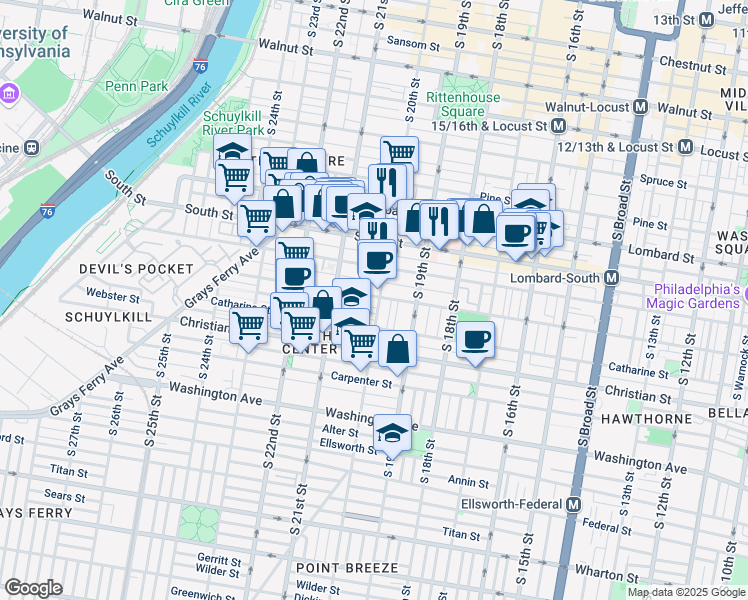 map of restaurants, bars, coffee shops, grocery stores, and more near 2004 Pemberton Street in Philadelphia