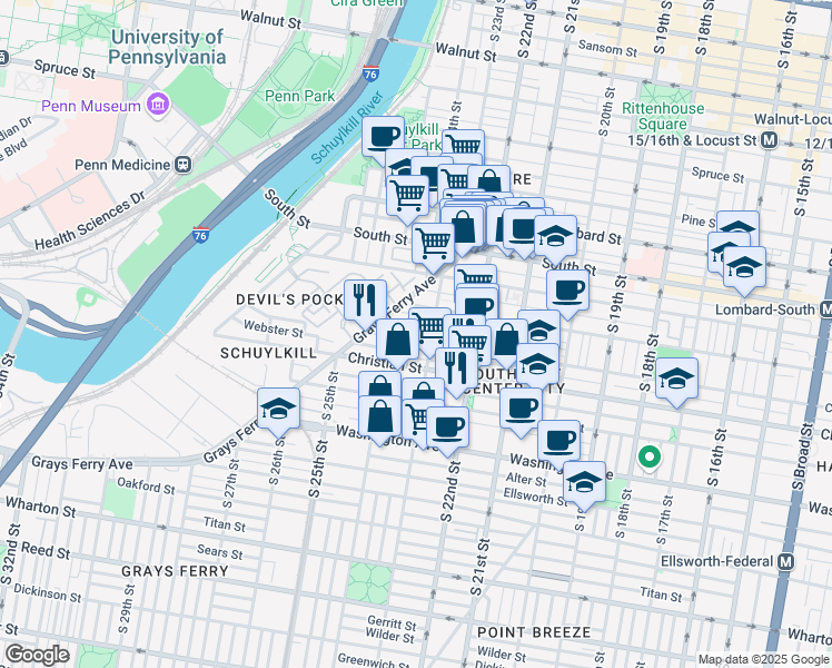map of restaurants, bars, coffee shops, grocery stores, and more near 2324 Fitzwater Street in Philadelphia