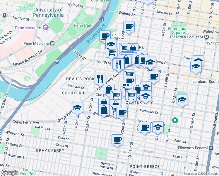 map of restaurants, bars, coffee shops, grocery stores, and more near 2324 Fitzwater Street in Philadelphia