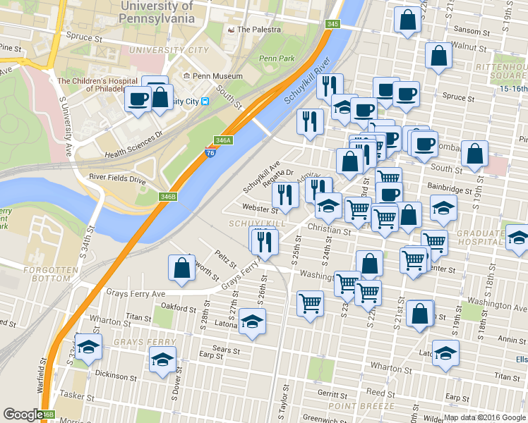 map of restaurants, bars, coffee shops, grocery stores, and more near 2613 Catharine Street in Philadelphia