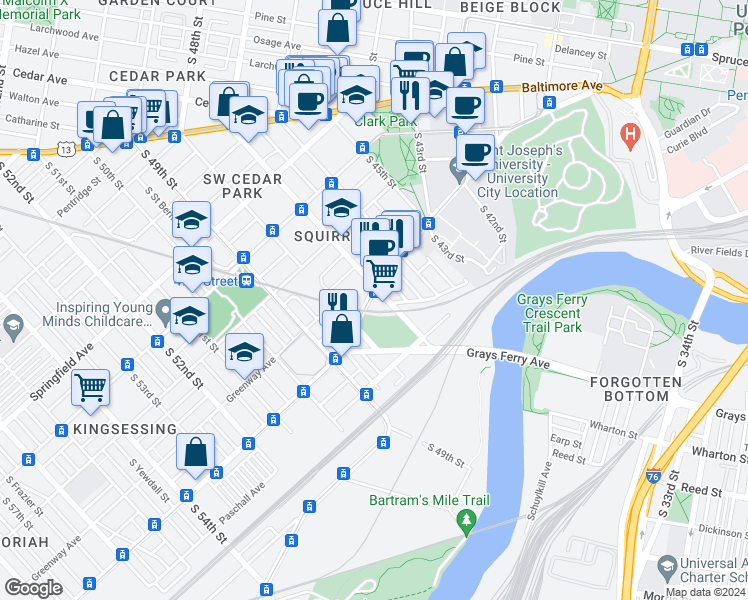 map of restaurants, bars, coffee shops, grocery stores, and more near 1242 South 47th Street in Philadelphia