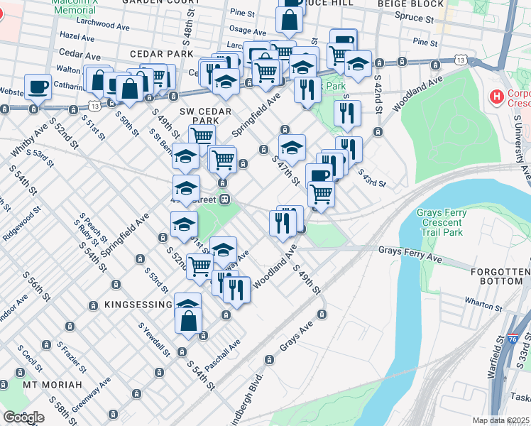 map of restaurants, bars, coffee shops, grocery stores, and more near 1231 Hanson Street in Philadelphia