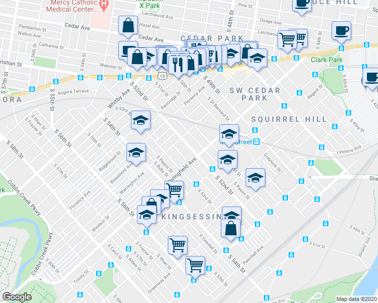 map of restaurants, bars, coffee shops, grocery stores, and more near 1121 South 52nd Street in Philadelphia