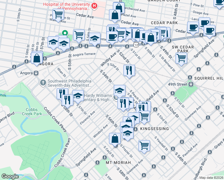 map of restaurants, bars, coffee shops, grocery stores, and more near 5407 Pentridge Street in Philadelphia