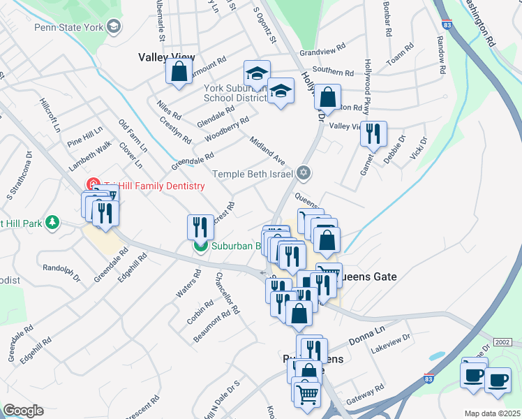 map of restaurants, bars, coffee shops, grocery stores, and more near 1915 Lancaster Avenue in York