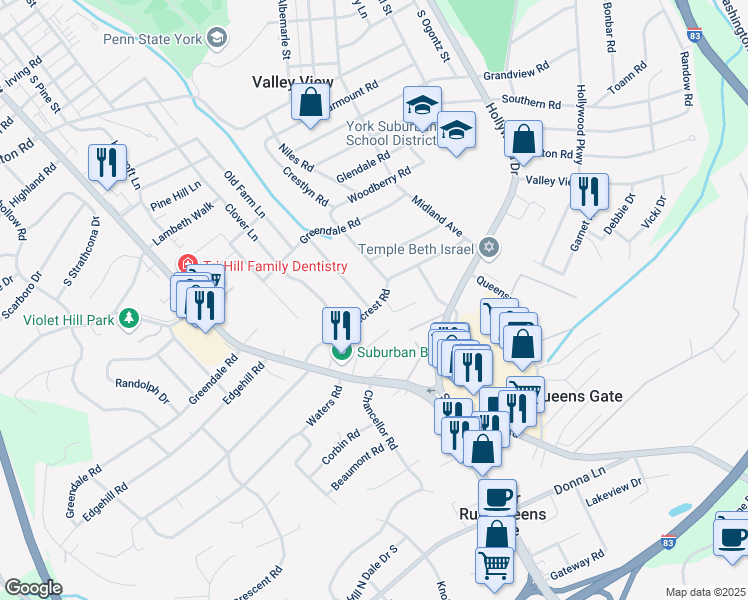 map of restaurants, bars, coffee shops, grocery stores, and more near 1847 Chesley Road in York