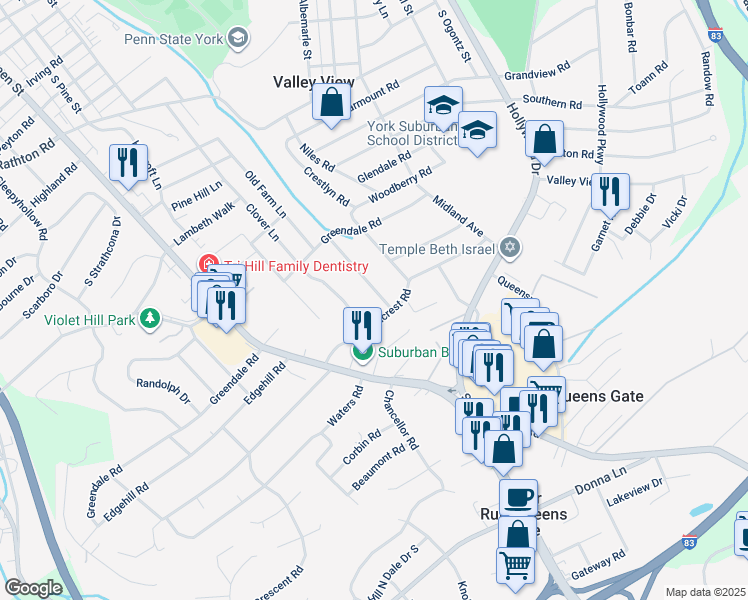 map of restaurants, bars, coffee shops, grocery stores, and more near 1847 Chesley Road in York